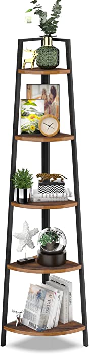 SpringSun 5-Tier Ladder Corner Shelf, Display Rack Multipurpose Bookshelf and Plant Stand for Living Room(Brown)