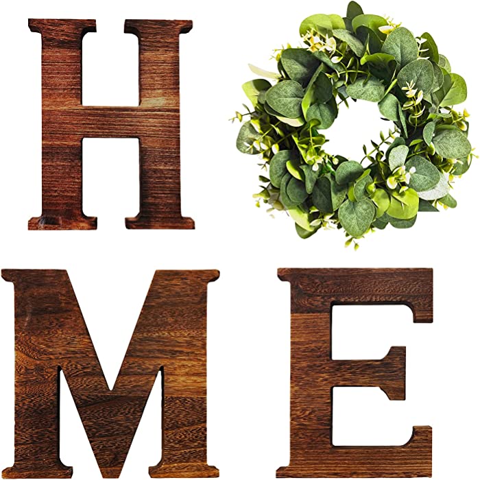 AMZSA wooden Wall Pediments HOME sign Wall decor decorations for living room farmhouse kitchen,Eucalyptus Wreath Decoration，wooden letters for wall decor,home signs for home decor