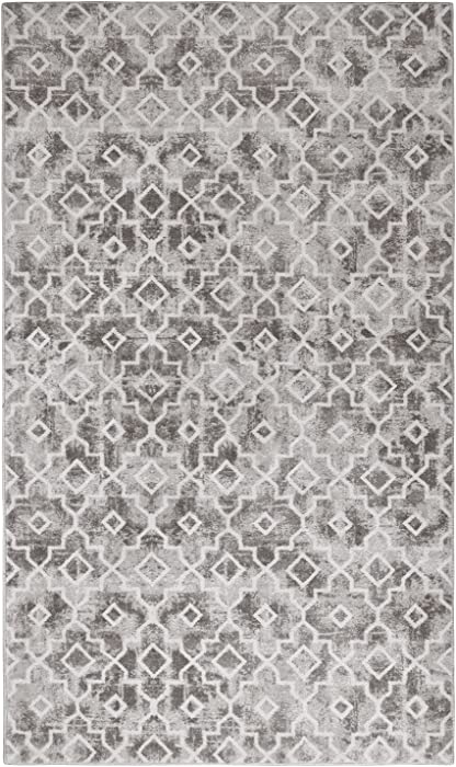 Moynesa Washable Moroccan Area Rug - 3x5 Silver Grey Non-Slip Entry Throw Rug Modern Geometric Faux Wool Distressed Accent Mat Low-Pile Floor Carpet for Entrance Living Room Bedroom Dining Kitchen