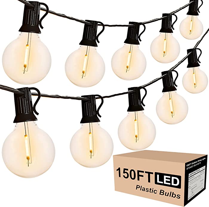 Outdoor String Lights LED 150FT Globe Patio String Lights with 75 Sockets 77 Shatterproof Plastic Bulbs (2 Spare) G40 Dimmable Hanging Light for Backyard Balcony Garden Porch Party Light String Lights