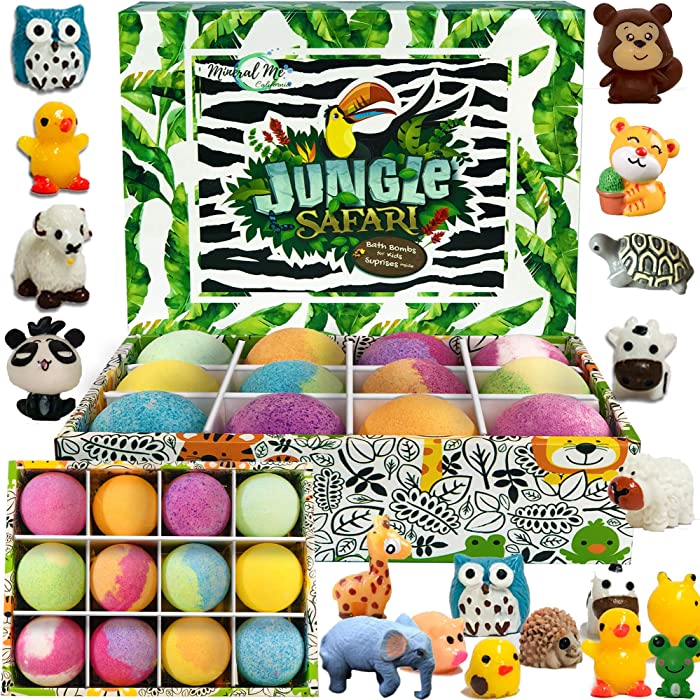 Bath Bombs for Kids with Toys Inside - Set of 12 Organic Bubble Bath Fizzies with Jungle Animal Toys. Gentle and Kids Safe Spa Bath Fizz Balls Kit. Birthday Gifts for Boys, Girls