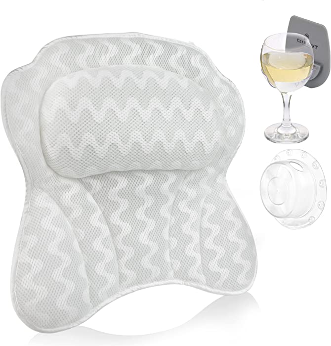 Charmont Spa Bathtub Pillow set, 3 in 1 Luxurious Bath Headrest for Neck and Back Support, with Non-slip Suction, Included Accessories, Overflow Drain Cover and Wine cup Holder Great Gift - Women, Men