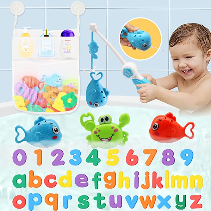 ZEAGUS Bath Toys Set for Toddlers 1-3,Pool Toys Storage Bag Hooks,Baby Bathtub Toys with 36 Letters and Numbers,Shower Toys Bath Time with 3 Fishing Toy and Water Gun Floating for Baby Water Toys