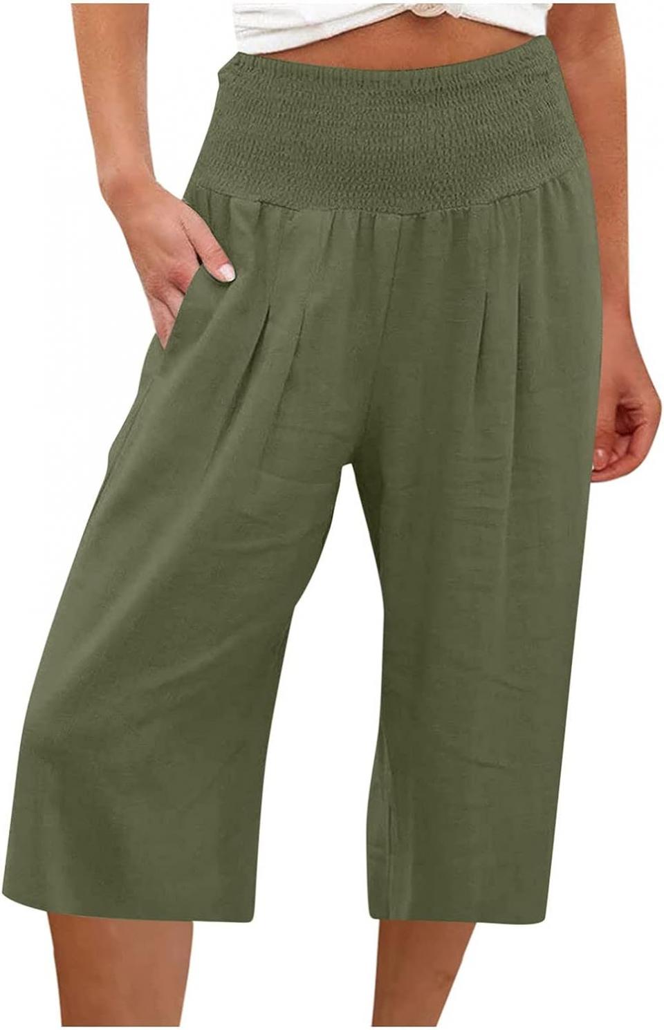 DOLKFU Capri Pants for Women 2023 Summer High Waist Cotton Linen Loose Pants Wide Leg Lounge Comfy Trousers with Pockets