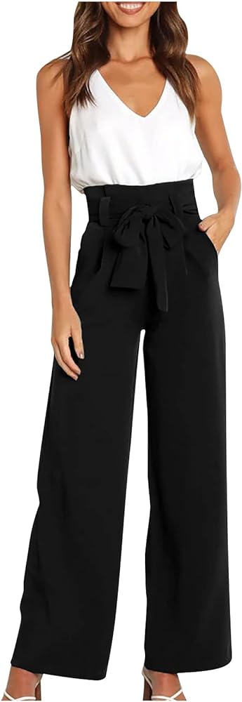 SMIDOW Paper Bag Pants Women High Waist Wide Leg Palazzo Lounge Pant with Pockets Adjustable Tie Knot Loose Trousers Elegant