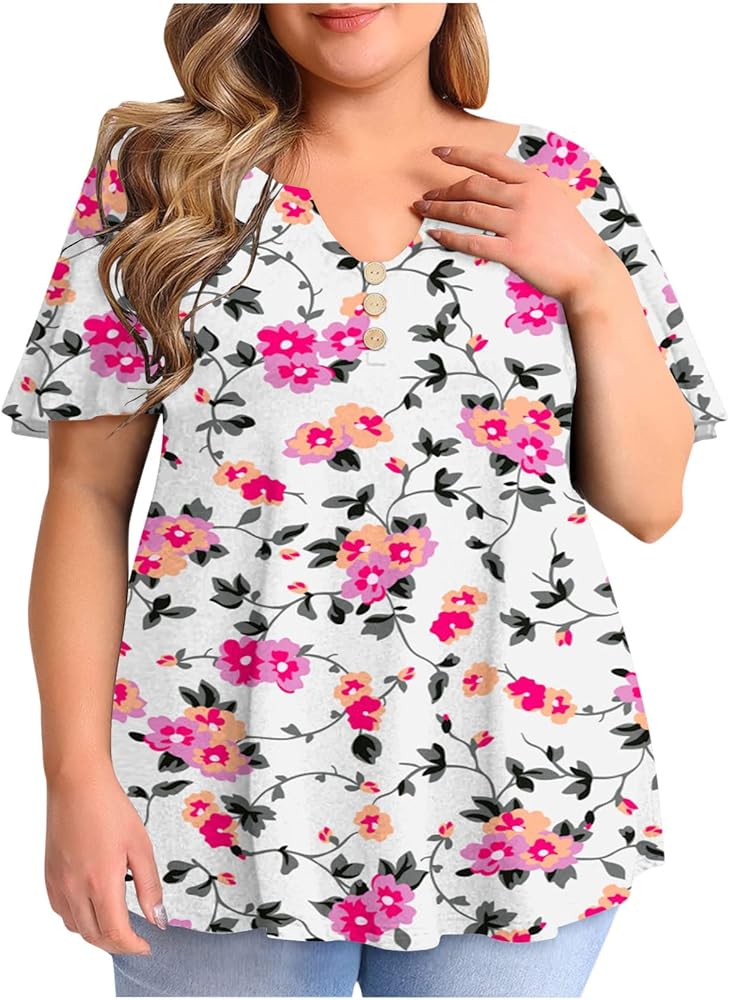 Ceboyel Women Plus Size Tunic Tops Leopard Button Up Henley Short Sleeve Shirts Blouse Flowy Pleated Ladies Spring Clothing