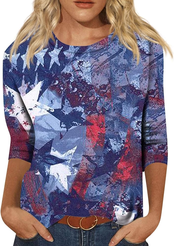 Womens 4th of July Tops 2024 Loose Fit Round Neck Stars Stripes Print Shirts