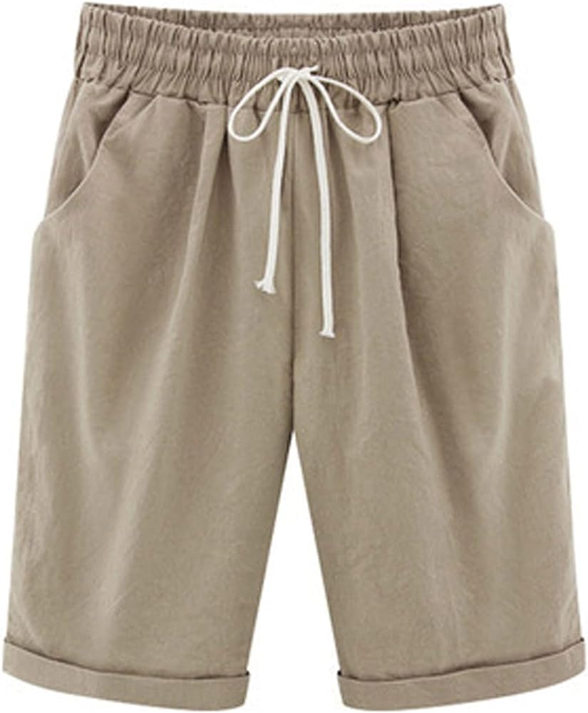 Summer Knee Length Shorts for Women 2024 Cotton Linen Bermuda Shorts Elastic Waist Workout Shorts Casual Loose Beach Shorts