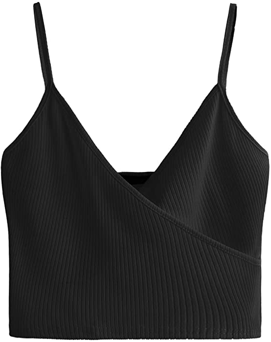 SheIn Women's Casual V Neck Ribbed Knit Overlap Front Crop Cami Top