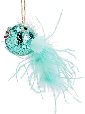 Pottery Barn Sequin Feather Blue Blowfish Glass Christmas Ornament