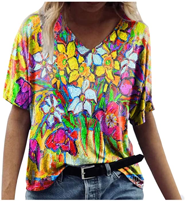 Women Plus Size Tops Vintage Aesthetic Printed Short Sleeve Summer T Shirts Basic Casual V Neck Tees Tshirt Blouses