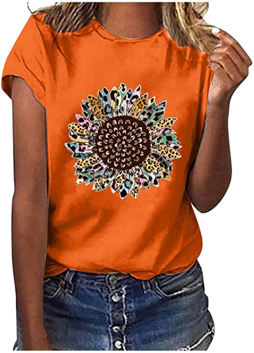 Womens Summer Tops Gradient Sunflower Print Short Sleeve T-Shirt Casual O-Neck T Shirts Graphic Tees Plus Size Tshirts