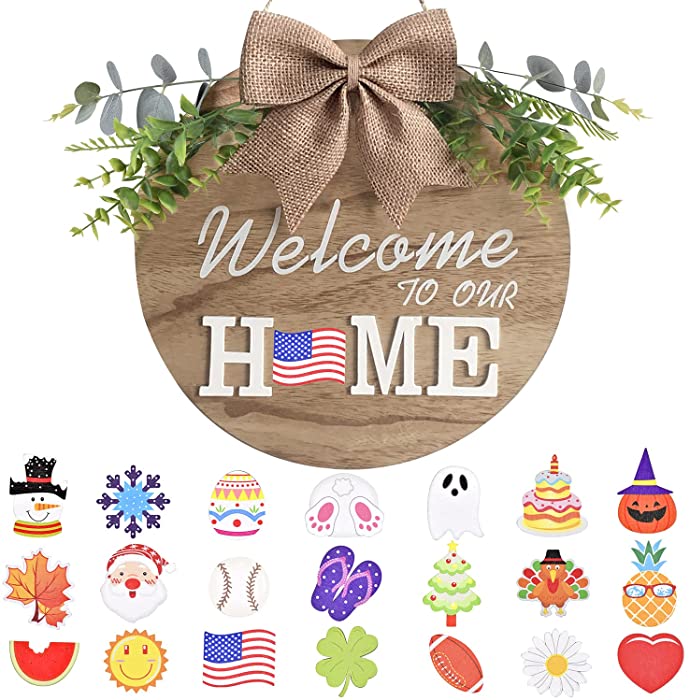 Interchangeable Welcome Home Sign, Seasonal Front Porch Door Decor With 21 Changeable Seasonal Icons for Halloween /Christmas/Independence Day, Rustic Wood Wall Hanger for Housewarming Gift (12")