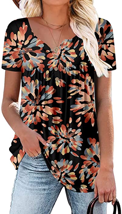 Womens Henley V Neck Casual Blouse Button Down T Shirts Flare and Flowy Tops