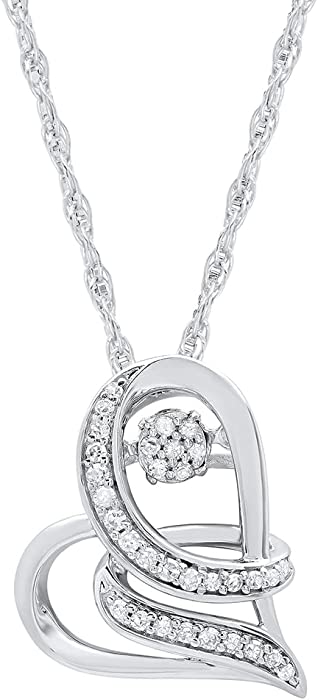 1/6 Carat Natural Diamond"Love Wrapped" Dancing Diamond Heart Pendant Necklace for Women in 925 Sterling Silver with 18 Inch Rope Chain (I2-I3, 0.15 cttw) by MAX + STONE