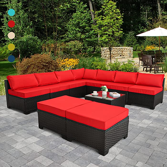 Patio Sectional Furniture Set 10-Piece Outdoor Wicker Conversation Sofa Couch with Red Non-Slip Cushions Furniture Cover Black PE Rattan