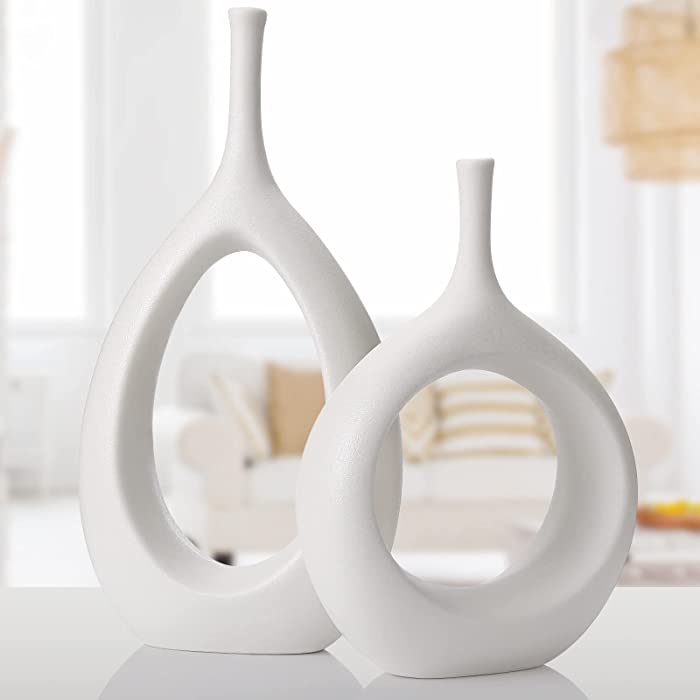 White Ceramic Hollow Vases Set of 2, Flower Vase for Decor, Modern Decorative Vase Centerpiece for Wedding Dinner Table Party Living Room Office Bedroom, Housewarming Gift