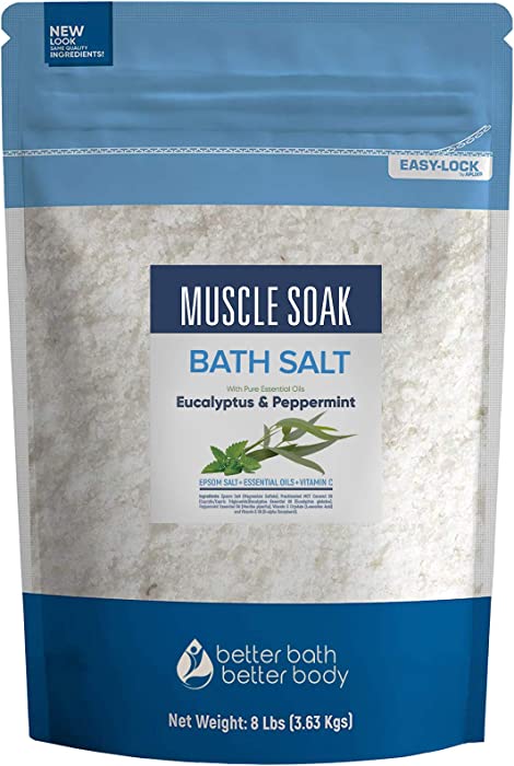 Muscle Soak Bath Salt 128 Ounces Epsom Salt with Natural Peppermint and Eucalyptus Essential Oils Plus Vitamin C in BPA Free Pouch with Easy Press-Lock Seal
