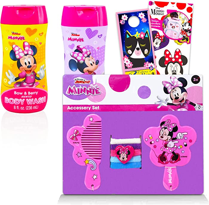 Disney Minnie Mouse Bath and Brush Bundle ~ 4 Pc Minnie Mouse Bathroom Set Including Hair Bow, Body Wash Plus Stickers, and More! (Minnie Mouse Hair Accessories)