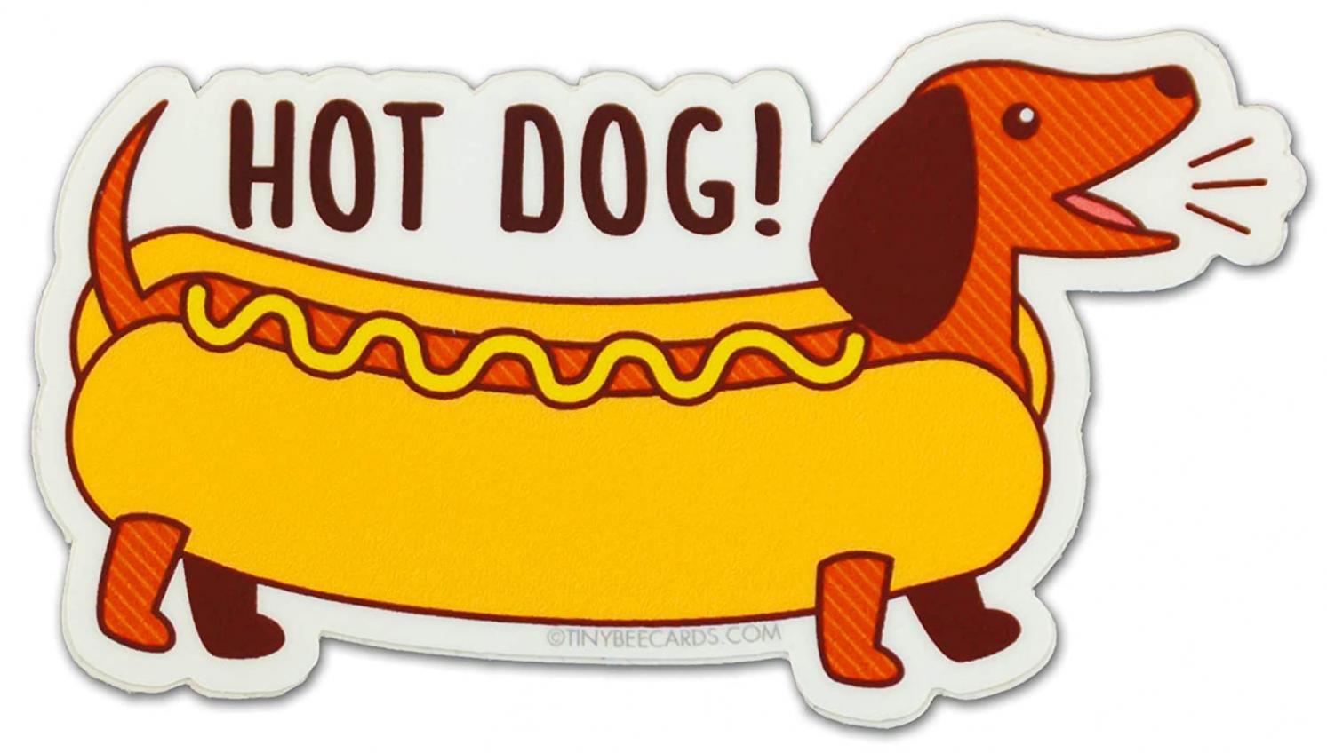 Dachshund Vinyl Sticker Pun"Hot Dog!" - Funny Doxie Lover Pun Gift, Dishwasher Safe Decal