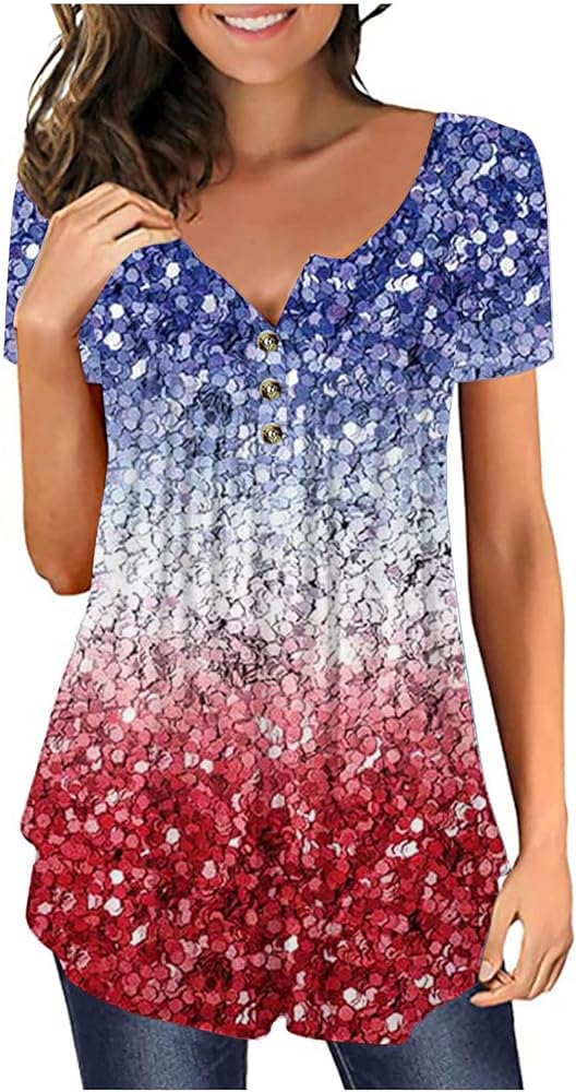 Sparkly Tunic Tops for Women 2023 Fashion 4th of July Shirts Short Sleeve Henley Tshirt USA Flag Print Loose Blouse