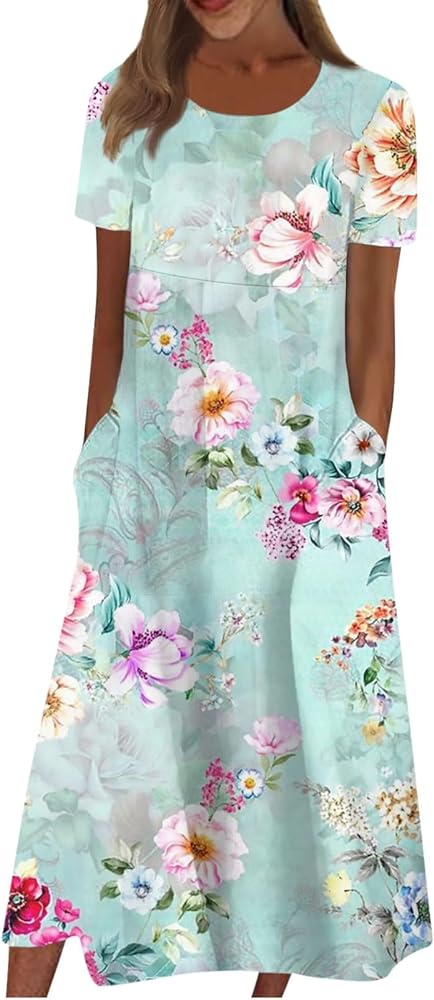 Summer Dresses for Women 2024 Round Neck Prinedt Basic Dresses Plus Size Flowy Short Sleeve Dress with Pockets