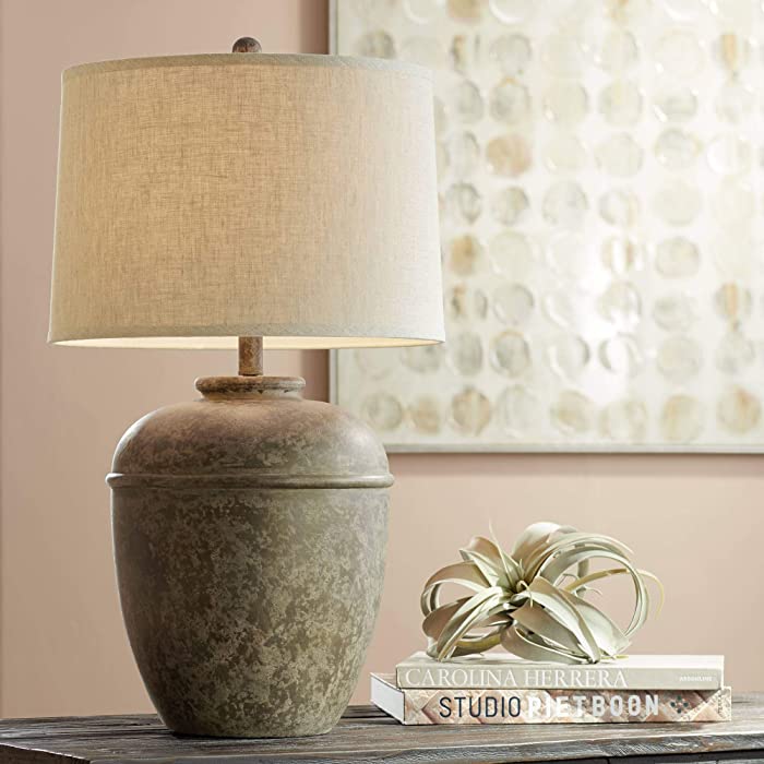 Otero Rustic Southwestern Style Table Lamp 27" Tall Gray Faux Mottled Stone Jug Cream Linen Drum Shade Decor for Living Room Bedroom Bedside Nightstand Office Entryway Reading - John Timberland