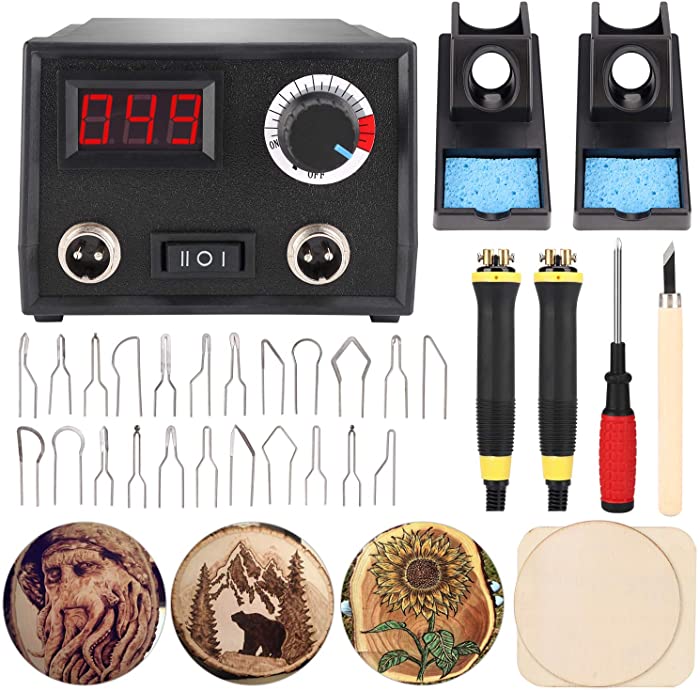 Pyrography Tool Kit, Titoe Wood Burning Kits 60W Wood Burner Tool Digital Adjustable Pyrography Machine with 23pcs Pyrography Wire Tips +24pcs Plastic Mould for Wood and Gourd