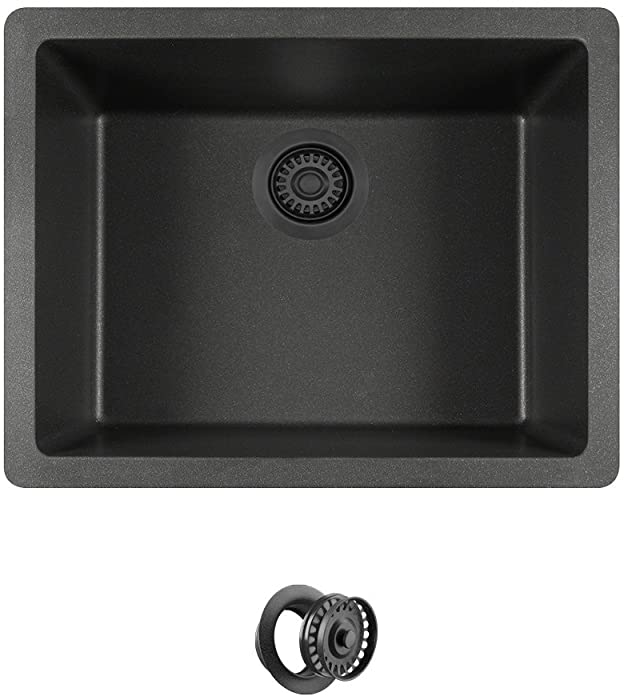 MR Direct 808-BL-CFL Black Dual-Mount Granite 21-5/8 in. Single Bowl Kitchen Sink Matching Flange, 1 Colored