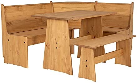 Riverbay Furniture Pine Wood Indoor 3 Piece Kitchen Corner Table Booth Bench Breakfast Dining Nook Set in Natural