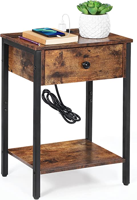 End Table with Charging Station & USB Ports, Bedside Furniture with Steel Frame,Nightstand for Small Spaces, Bedside Tables with Storage Shelf for Living Room, Bedroom, Industrial, Rustic Brown