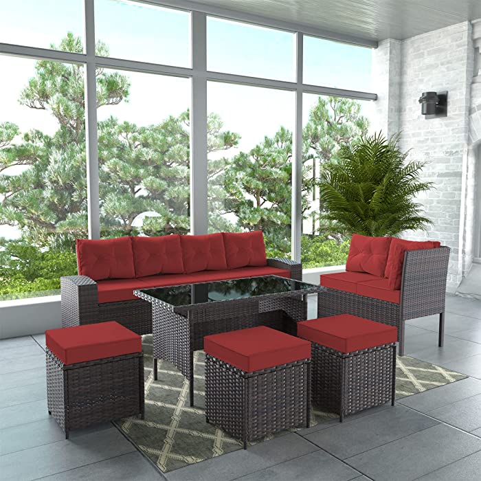 Gotland 7 Pieces Wicker Patio Furniture Set Outdoor Rattan Sofa Set All Weather with Dining Table & Ottomans Soft Cushions for Backyard Garden Poolside Balcony Sectional Conversation Couch Set
