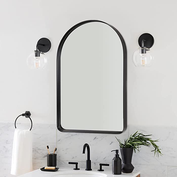 ANDY STAR Arched Mirror, 20" x 30" Black Bathroom Mirror in Stainless Steel Metal Frame, Arch Top Rounded Corner 1" Deep Set Design Wall Mount Hangs Vertical