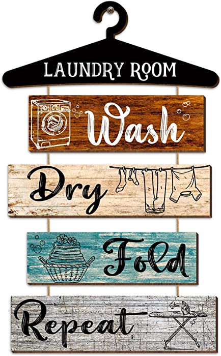 5 Pieces Laundry Room Wall Sign Rustic Laundry Room Rules Hanging Sign Wooden Wash Dry Fold Repeat Laundry Plaque Vintage Farmhouse Laundry Rules Wall Decor 19.7 x 11 Inch (Multicolored Backing)