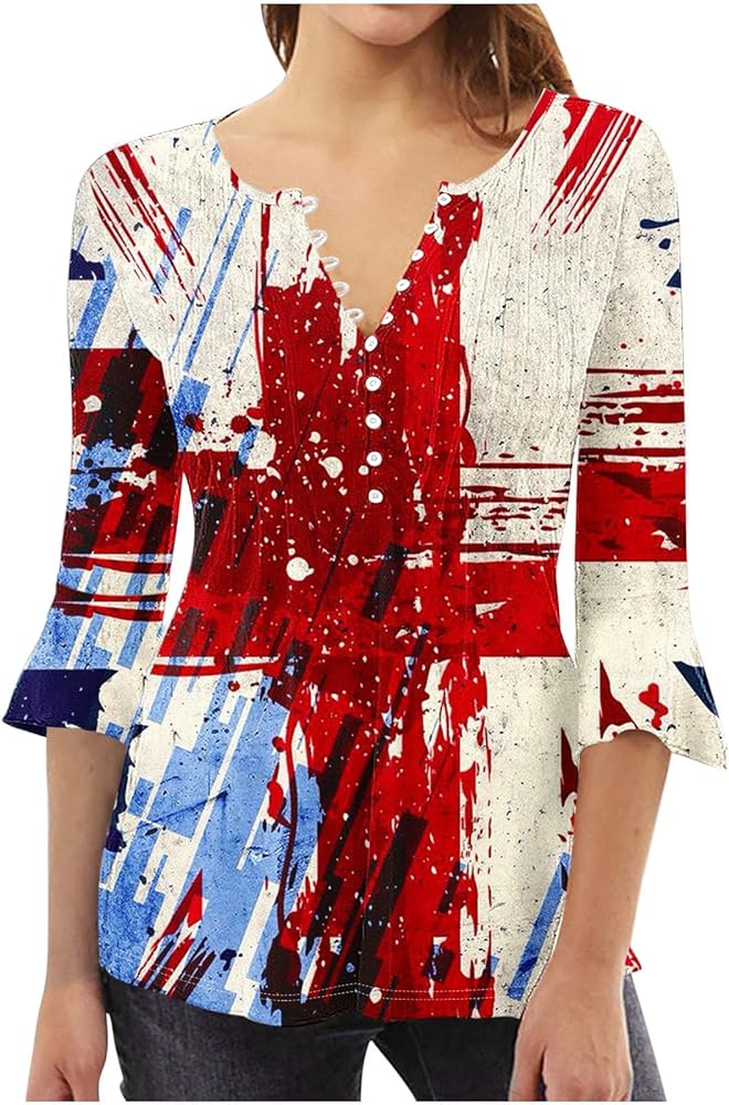 Womens 4th Odf July Tops 204 V Neck Ruffle Sleeve American Flag Shirts Casual Loose Dit Summer Flowy Tunic Clothes