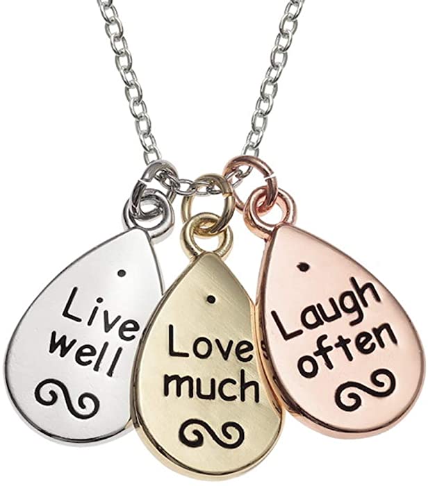 Talbot Fashions Tide Jewellery Tri Colour Live Well, Love Much, Laugh Often Sentiment Message Cluster Necklace Pendant