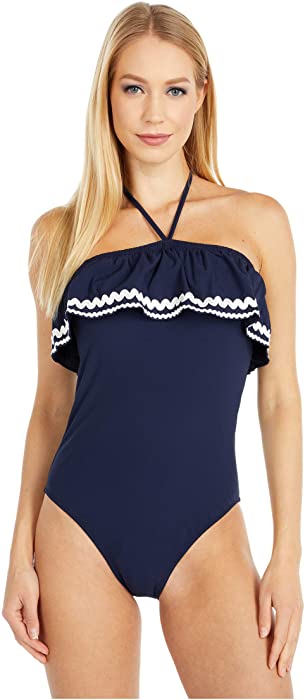 J.Crew Ruffle Bandeau One-Piece Swimsuit in Piqué Nylon with Rickrack