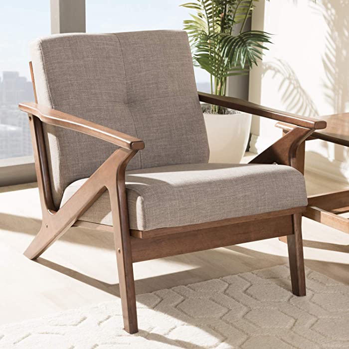 Baxton Studio Bianca Mid-Century Modern Walnut Wood Light Grey Fabric Tufted Lounge Chair Mid-Century/Light Grey/Walnut Brown/Fabric Polyester 100%"/Rubber Wood/