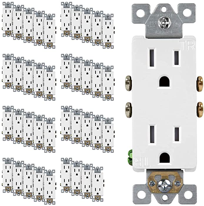 ENERLITES Decorator Receptacle Outlet, Tamper-Resistant, Gloss Finish, Residential Grade, 3-Wire, Self-Grounding, 2-Pole, 15A 125V, UL Listed, 61501-TR-W-40PCS, White (40 Pack)