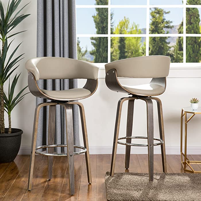 Glitzhome 2 Set Swivel Adjustable Bar Stools, 40" H Mid Century Modern Dining Chairs Grey PU Leather Wooden Bar Chair with Back Support