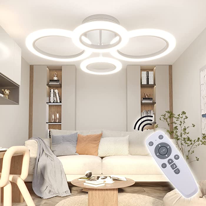 OUQI Modern LED Ceiling Light Dimmable Remote Control 4 Ring Ceiling Light 48W 4400LM, Ceiling Light for Living Room, Bedroom, Kitchen, Corridor, Balcony, Dining Room, White, 2800-7000K