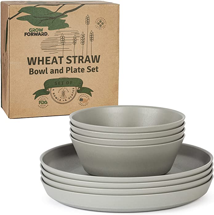 Grow Forward Premium Wheat Straw Dinnerware Sets - 8 Piece Unbreakable Microwave Safe Dishes - Reusable Wheat Straw Plates and Bowls Sets - Wheat Straw Bowls for Cereal, Soup, Camping, RV - Feather