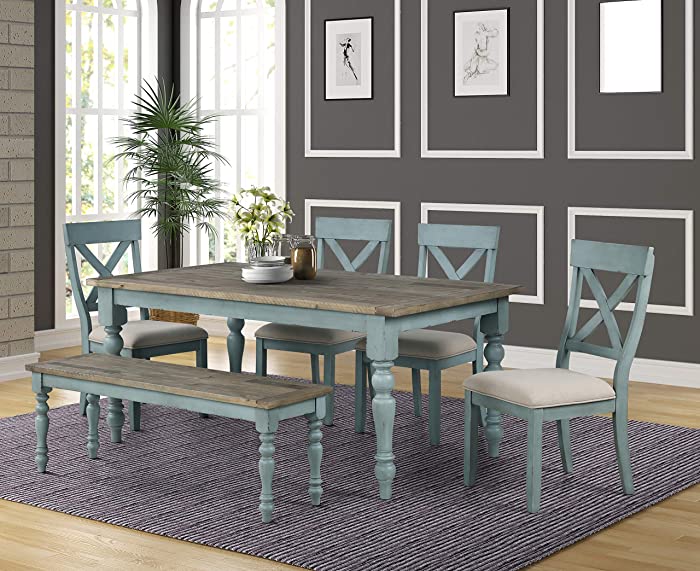 Roundhill Furniture Prato 6-Piece Table Set with Cross Back Chairs and Dining Bench, Blue