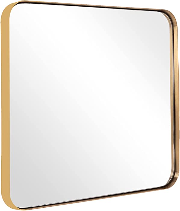 ANDY STAR Square Wall Mirror for Bathroom, 24”x24” Brushed Gold Bathroom Mirror, Rounded Corner Metal Mirror in Premium Stainless Steel Frame Hangs Horizontal Or Vertical（No Rose Gold）