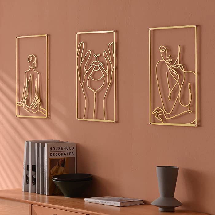 DeaTee 3 Packs Gold Wall Decor, 0.12''Thicker Real Metal Minimalist Wall Art, Gold Metal Wall Art Decor, Modern Abstract Female Body Single Line Wall Sculptures, Gold Accent Decor for Bedroom and Living Room…