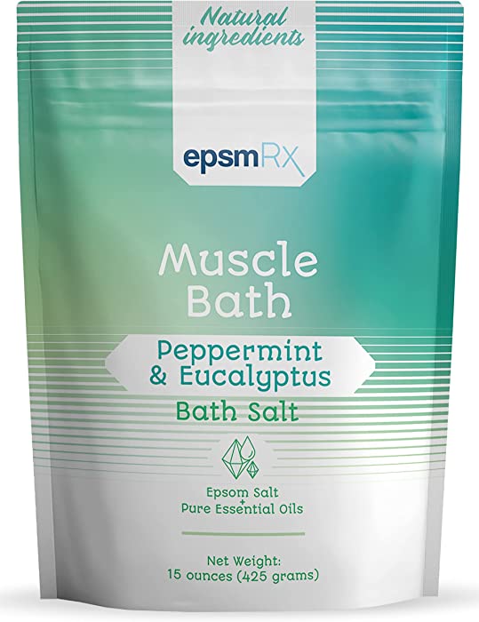 epsmRx Muscle Bath Salt 15 Oz Epsom Salt Bath Soak Pouch, Peppermint Essential Oil, Eucalyptus Essential Oil