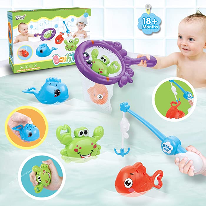 Dwi Dowellin Bath Toys Fishing Games with Fish Net Squirt Fishes Crab Pool Bath Time Bathtub Toy for Toddlers Baby Kids Infant Girls Boys Age 18months and up