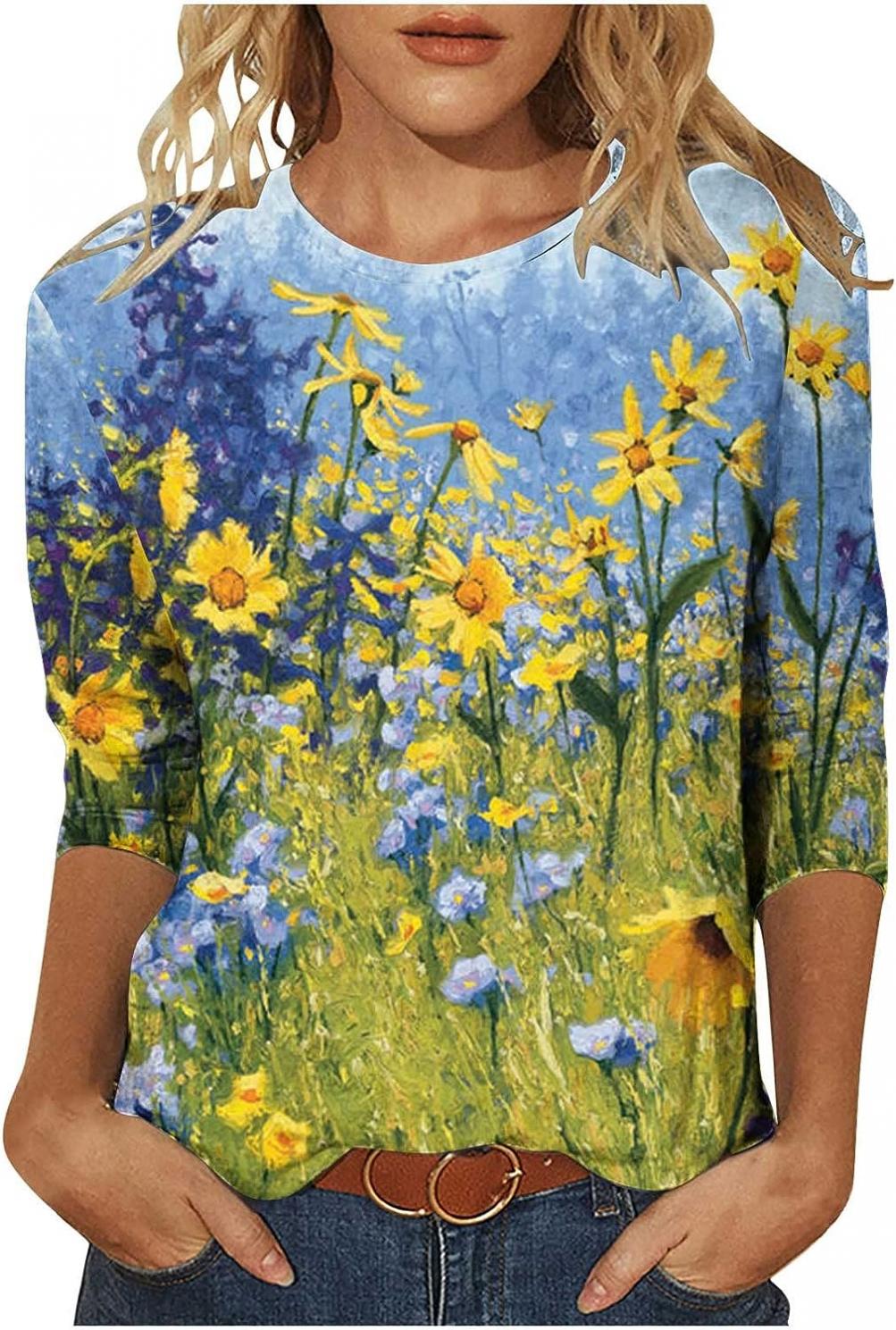 3/4 Sleeve Tops for Women Dressy Casual Crewneck t Shirt Boho Floral Print Regular Fit Shirts Summer Spring Blouse