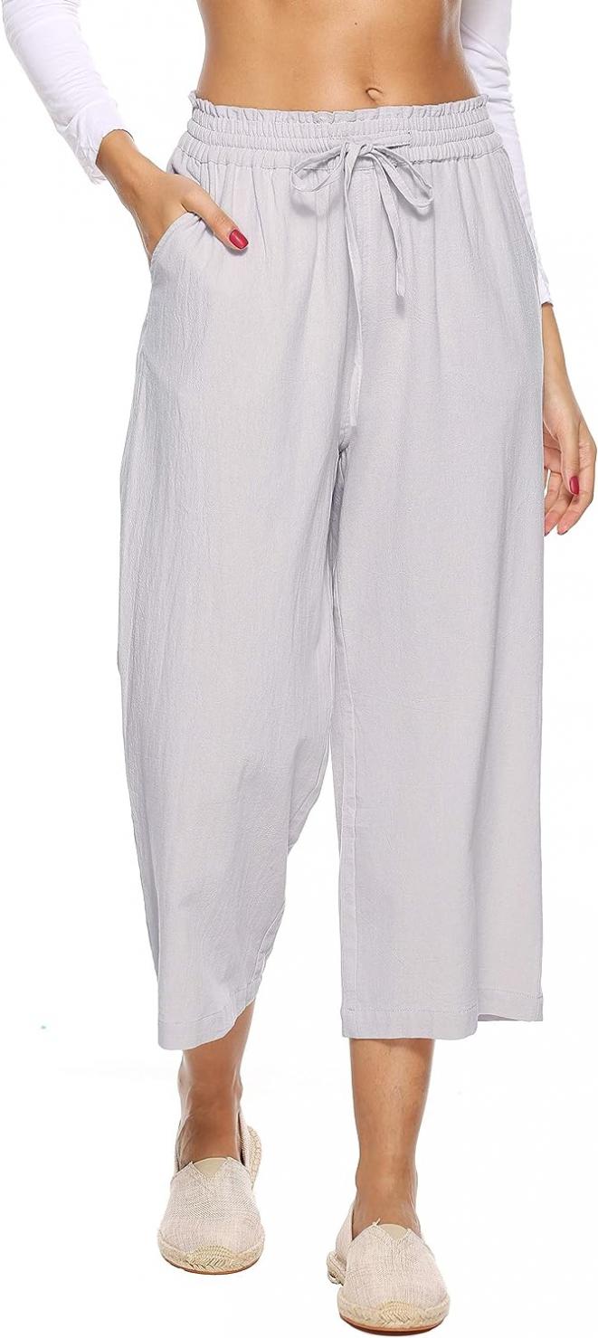 LNX Womens Linen Pants High Waisted Wide Leg Drawstring Casual Loose Trousers with Pockets