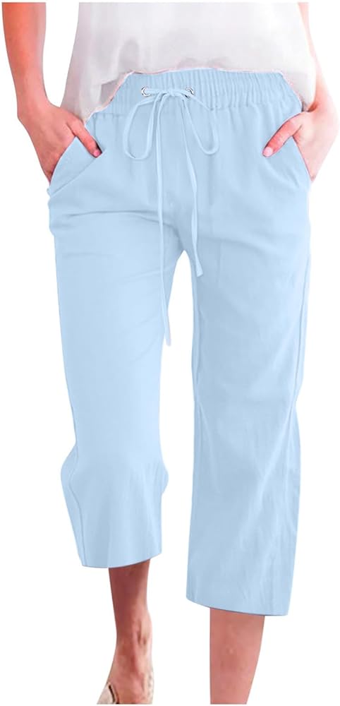 Capri Pants for Women 2024 Summer Dressy Linen Capris Plus Size Straight Wide Leg Cropped Pants High Waisted Trousers